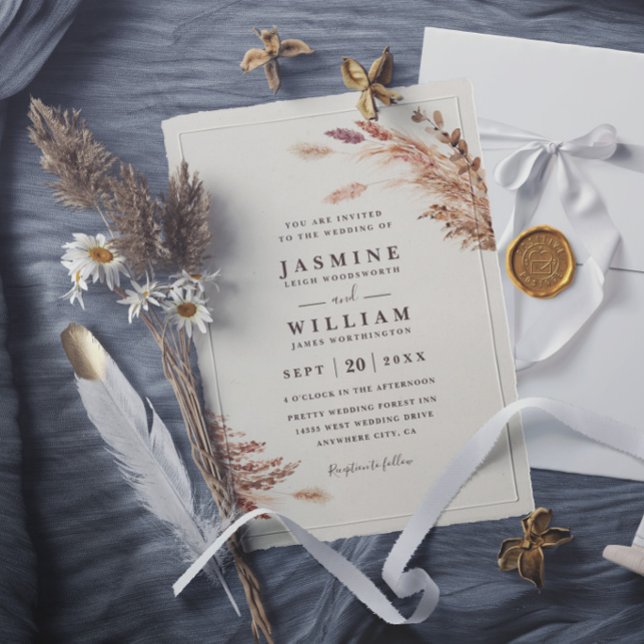 Convite Casamento Botânico Boho Rústico Elegante Pampas So (Criador carregado)