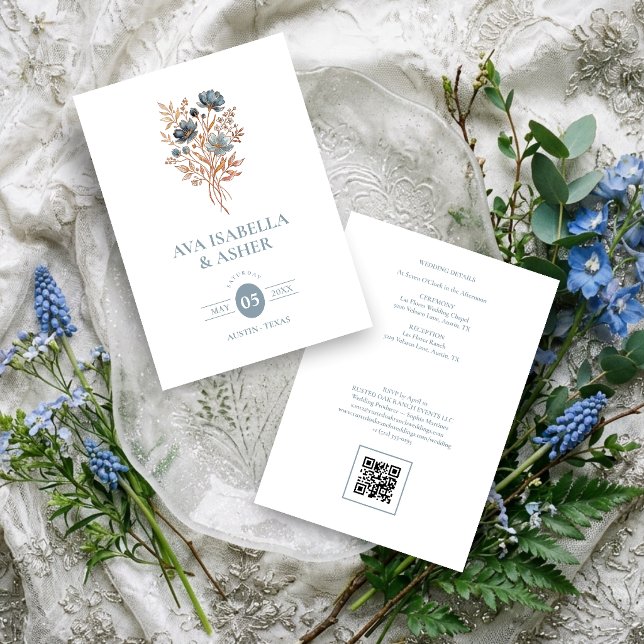 Convite Casamento Botânico Boho Rústico Posy Azul TLW26 (Rustic Boho Botanical Posy Dusty Blue Wedding Invitation Card with a Lovely Watercolor Effect.)