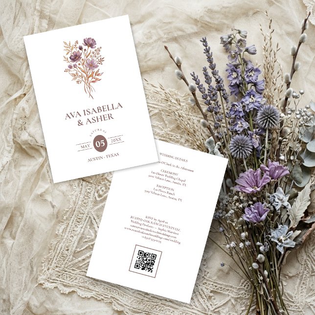 Convite Casamento Botânico Boho Rústico Posy Mauve TLW26 (Rustic Boho Botanical Posy Mauve Purple Wedding Invitation Card with a Lovely Watercolor Effect.)