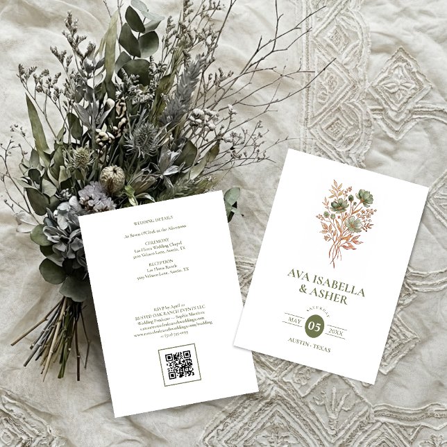Convite Casamento Botânico Boho Rústico Posy Sage TLW26 (Rustic Boho Botanical Posy Sage Green Wedding Invitation Card with a Lovely Watercolor Effect.)
