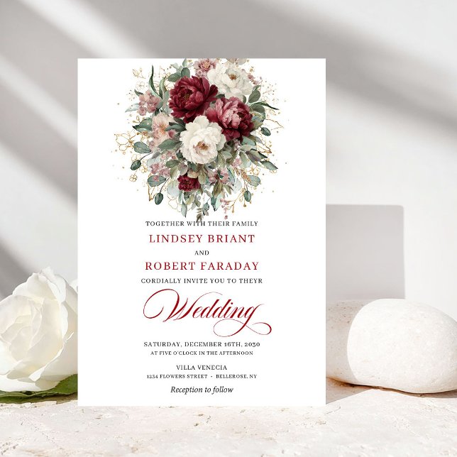 Convite Casamento Botânico Branco Borgonha Sofisticado  (Sophisticated Burgundy White Botanical Wedding Invitation)
