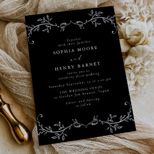 Convite Casamento Botânico Branco em Linha Arte Elegante P