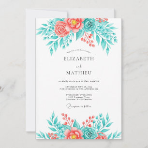 Convite Casamento Botânico Breezy Coral Teal