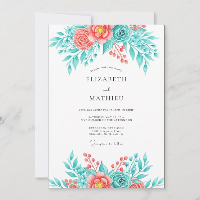 Convite Casamento Botânico Breezy Coral Teal (Frente)