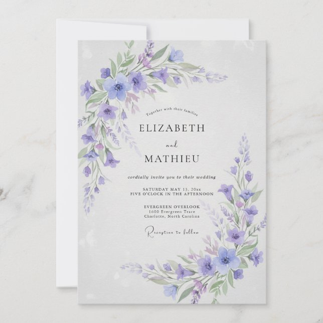 Convite Casamento Botânico Breezy Periwinkle (Frente)
