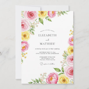 Convite Casamento Botânico Brilhante Amarelo Rosa