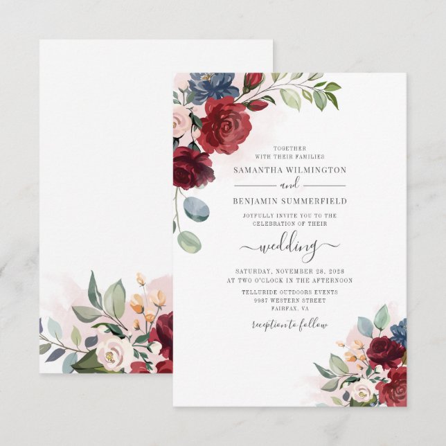 Convite Casamento Botânico Burgundy Moderno com Letra Flor (Frente/Verso)