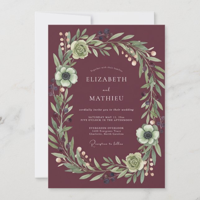 Convite Casamento Botânico Burgundy Regal (Frente)
