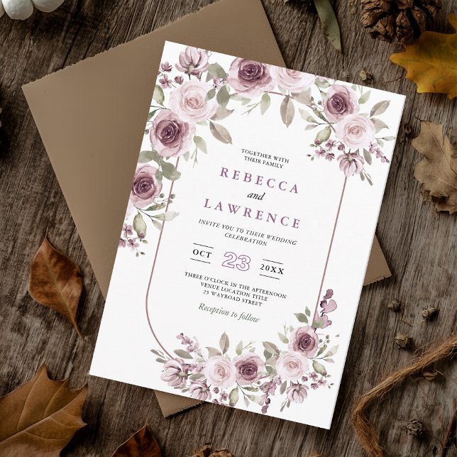 Convite Casamento botânico burgundy rosa romântico (Criador carregado)