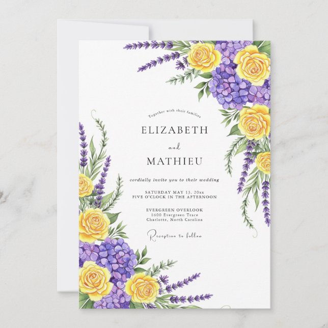 Convite Casamento Botânico Caprichoso Amarelo Roxo (Frente)