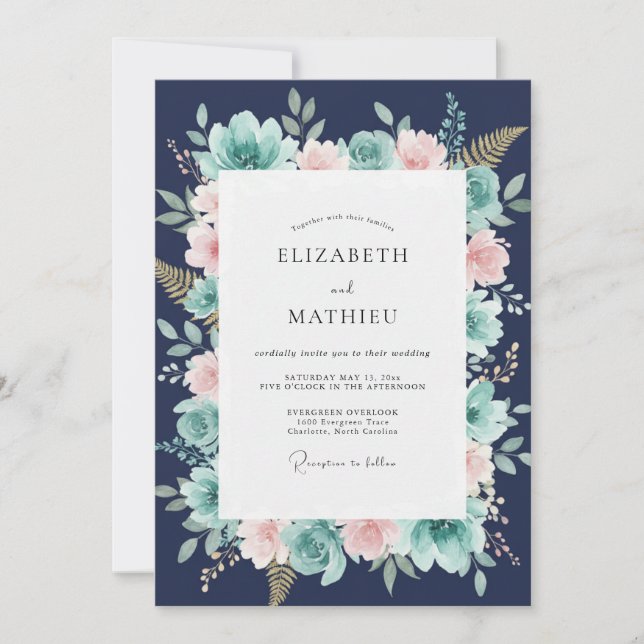 Convite Casamento Botânico Caprichoso Azul Naval (Frente)