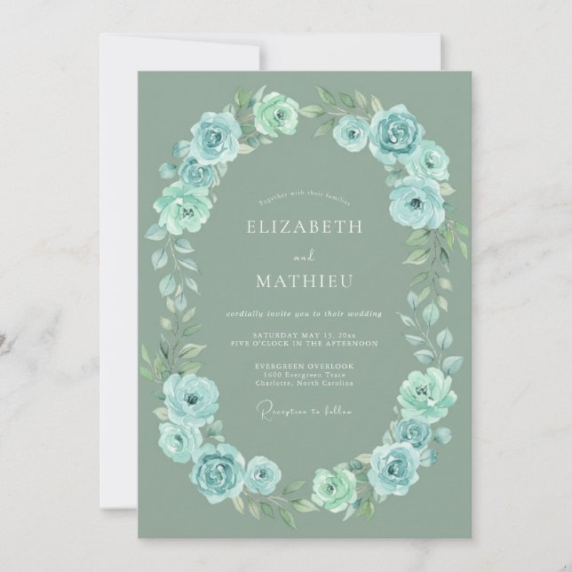 Convite Casamento Botânico Caprichoso Azul Salgueiro (Frente)