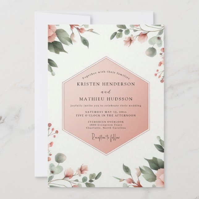 Convite Casamento Botânico Caprichoso Coral Blush (Frente)