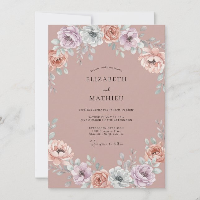 Convite Casamento Botânico Caprichoso Malva (Frente)