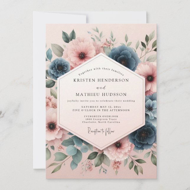 Convite Casamento Botânico Caprichoso Rosa Empoeirada (Frente)