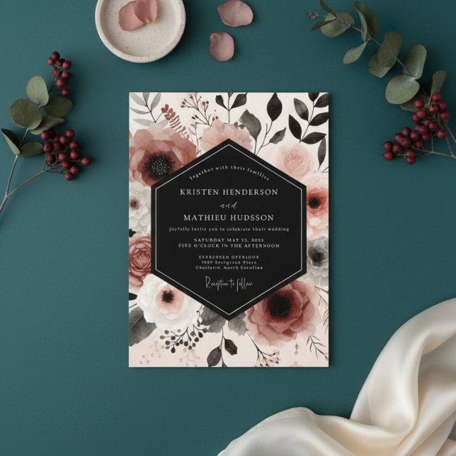 Convite Casamento Botânico Caprichoso Rosa Empoeirada (Criador carregado)