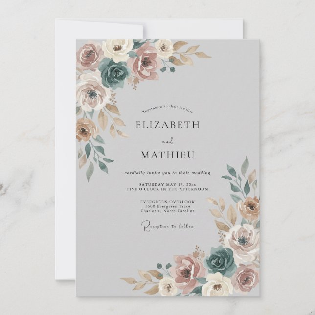 Convite Casamento Botânico Caprichoso Rosa Empoeirado (Frente)