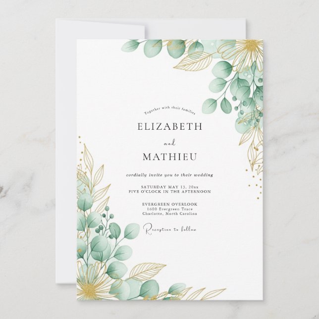 Convite Casamento Botânico Caprichoso Verde Menta (Frente)