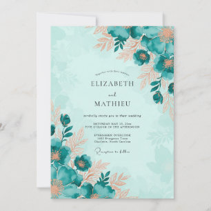Convite Casamento Botânico Cativante em Verde Azul