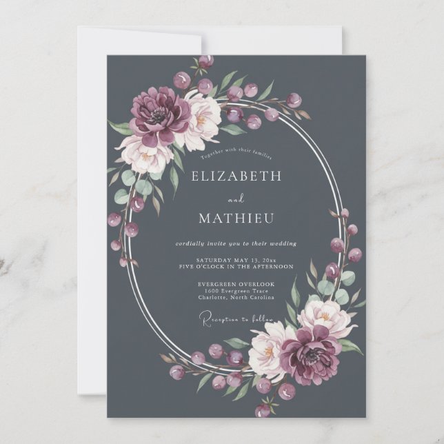 Convite Casamento Botânico Charcoal Gray Midnight (Frente)