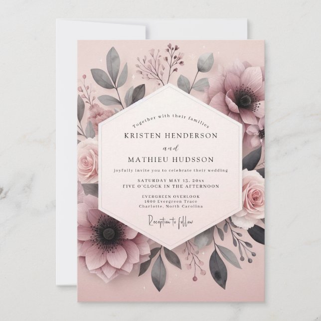 Convite Casamento Botânico Cinza Rosa (Frente)