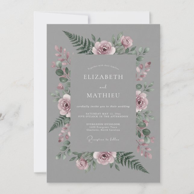 Convite Casamento Botânico Cinza Rosa Empoeirado (Frente)