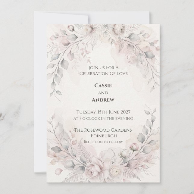 Convite Casamento Botânico Cinza Rosa Suave (Frente)