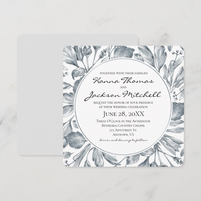 Convite Casamento Botânico Cinza Vintage (Frente/Verso)