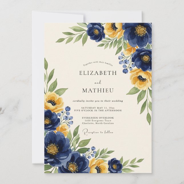 Convite Casamento Botânico Clássico Amarelo Marinho (Frente)