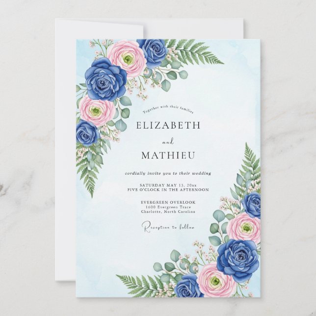 Convite Casamento Botânico Clássico Azul Marinho (Frente)