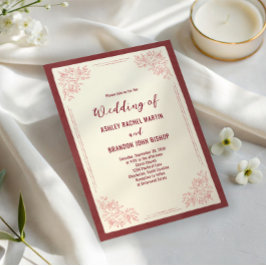 Convite Casamento Botânico Clássico Burgundy Jardim de Fam