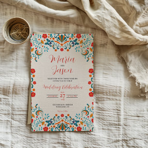 Convite Casamento Botânico Colorido Elegante Floral Mexica