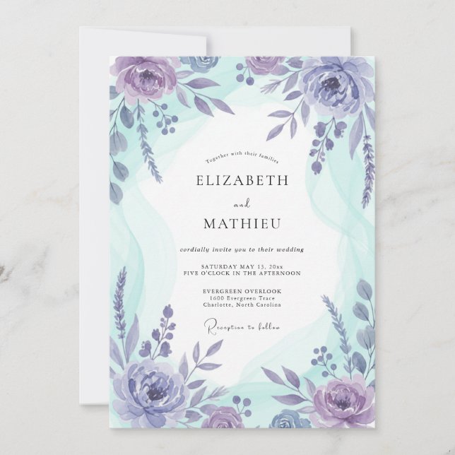 Convite Casamento Botânico com Aquarela de Lavanda Azul (Frente)