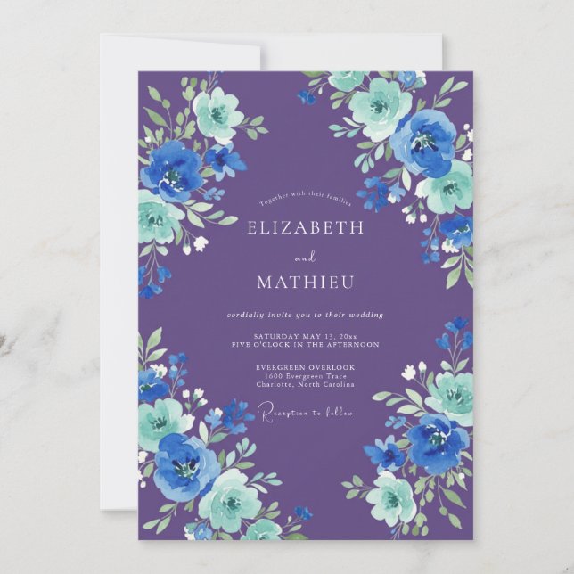 Convite Casamento Botânico com Aquarela Roxa Azul (Frente)