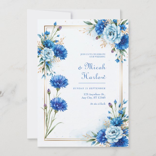 Convite Casamento Botânico com Centáurea Azul (Frente)