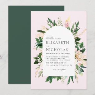 Convite Casamento Botânico com Florais Rosa e Folhagem