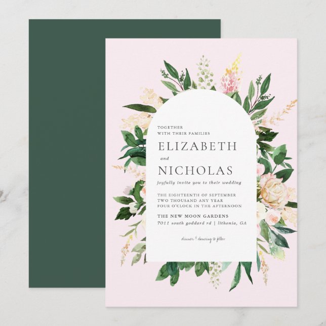 Convite Casamento Botânico com Florais Rosa e Folhagem (Frente/Verso)