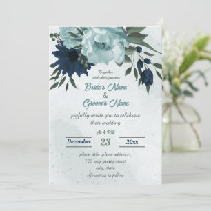 Convite Casamento botânico com flores azuis e marinhos