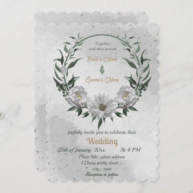 Convite casamento botânico com flores brancas românticas (Frente/Verso)