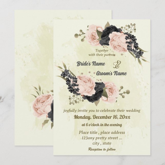 Convite casamento botânico com flores cor-de-rosa (Frente/Verso)