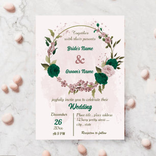 Convite casamento botânico com flores cor-de-rosa esmerald