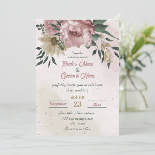 Convite casamento botânico com flores de champanhe cor-de-