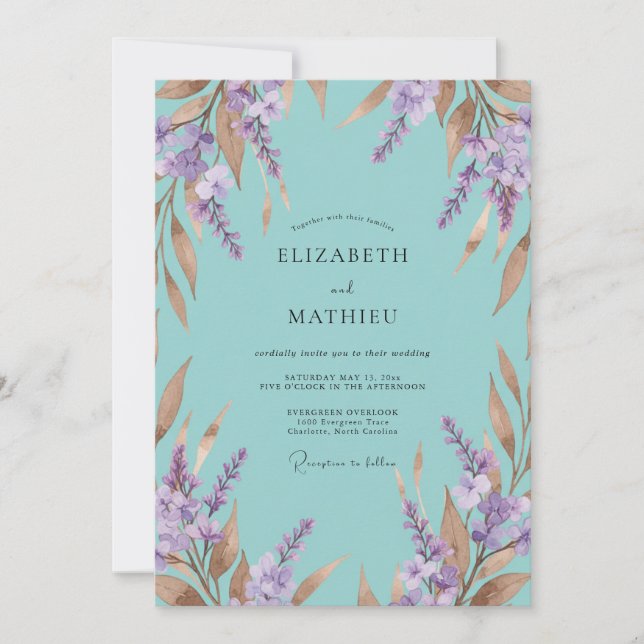 Convite Casamento Botânico com Flores de Lavanda Teal (Frente)