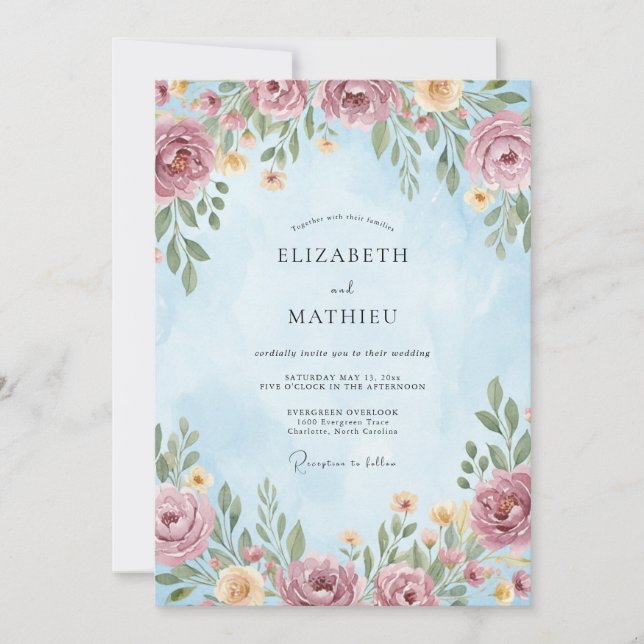 Convite Casamento Botânico com Flores de Rosa Empoeirada (Frente)