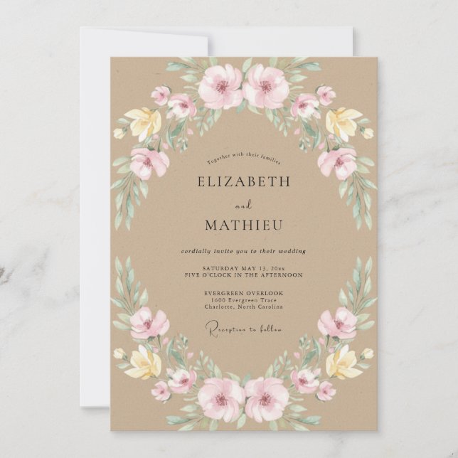 Convite Casamento Botânico com Flores Pastel Rosa (Frente)
