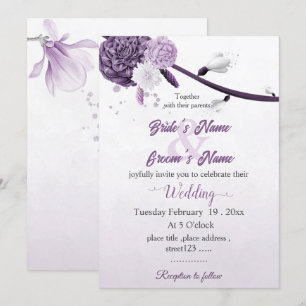 Convite casamento botânico com flores roxas românticas