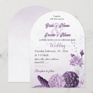 Convite casamento botânico com flores roxas românticas