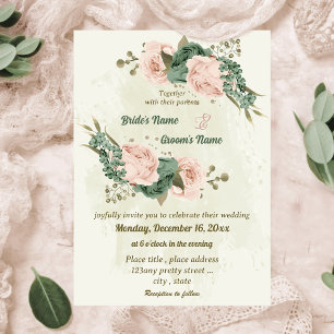 Convite casamento botânico com flores verdes sage blush