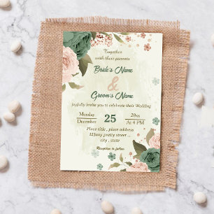 Convite casamento botânico com flores verdes sage blush