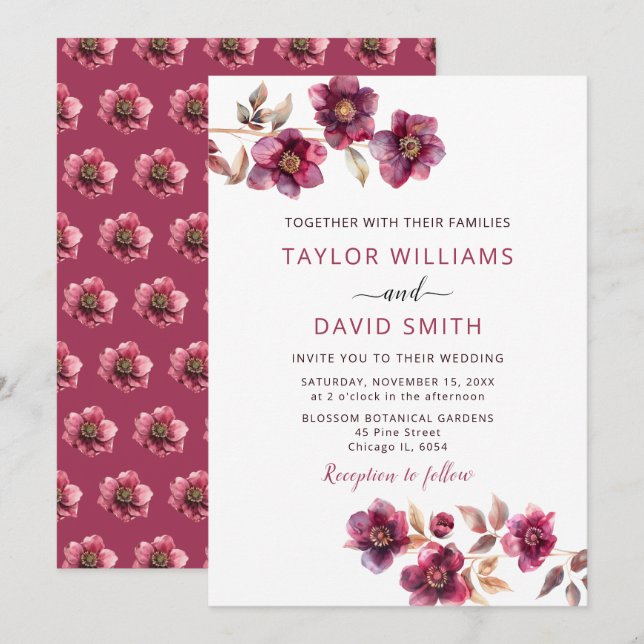 Convite Casamento Botânico com Hellebore Borgonha (Frente/Verso)